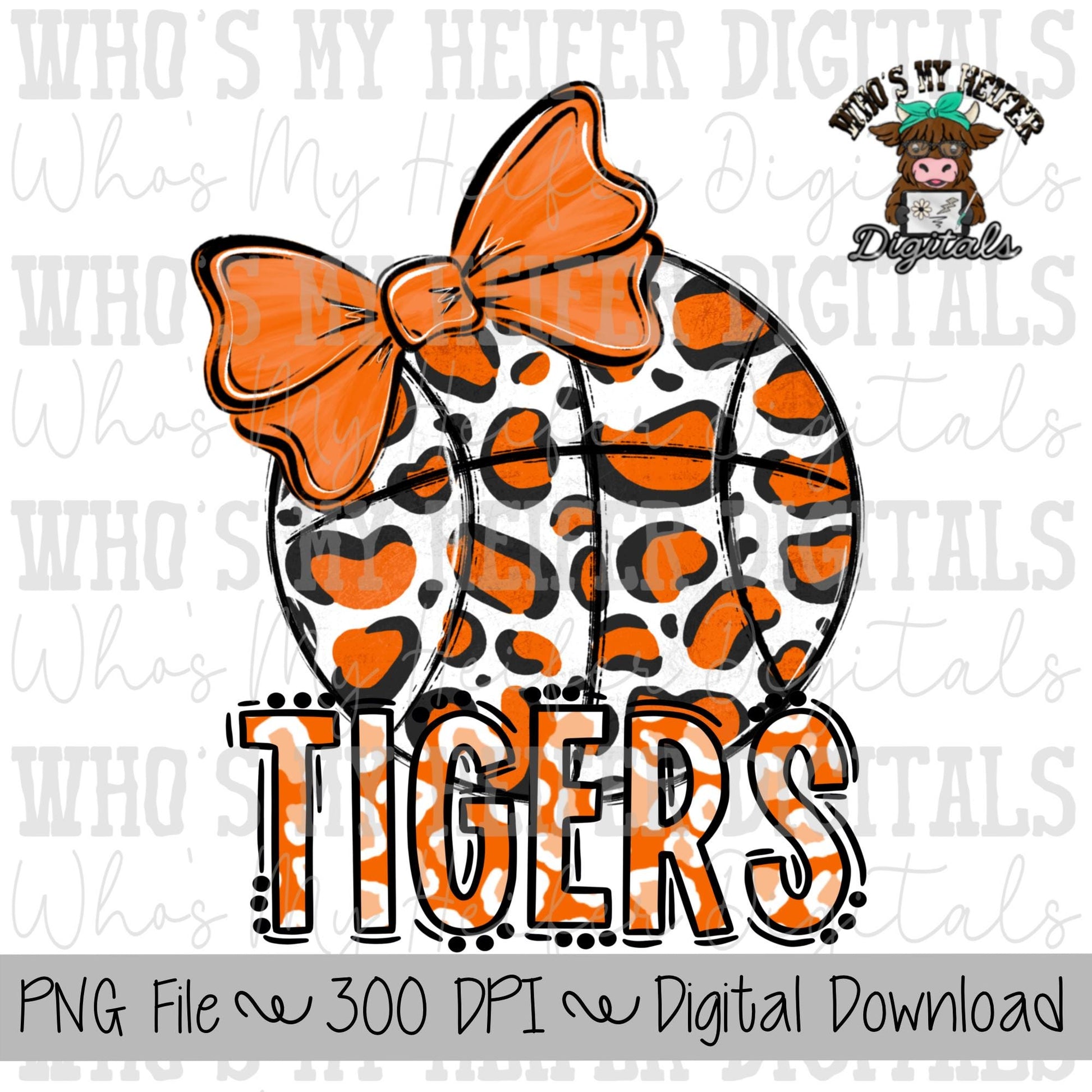 Orange & White Tiger PNG Hand Drawn Basketball with Bow Sublimation PNG Game Day Shirt Design School Spirit PNG Leopard Tiger Digital Art