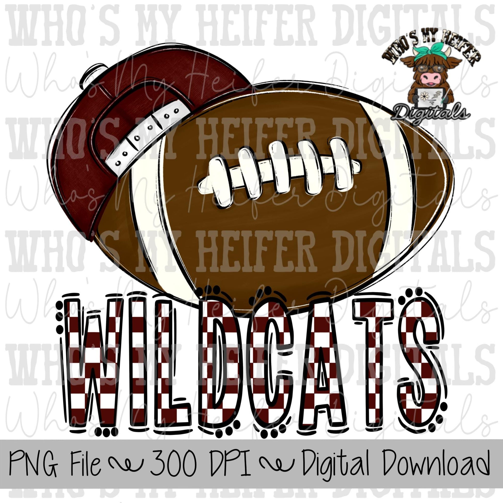 Maroon & White Wildcat PNG Hand Drawn Football with Hat Sublimation PNG Game Day Shirt Design School Spirit PNG Checkered Wildcat Doodle Art