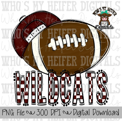 Maroon & White Wildcat PNG Hand Drawn Football with Hat Sublimation PNG Game Day Shirt Design School Spirit PNG Checkered Wildcat Doodle Art