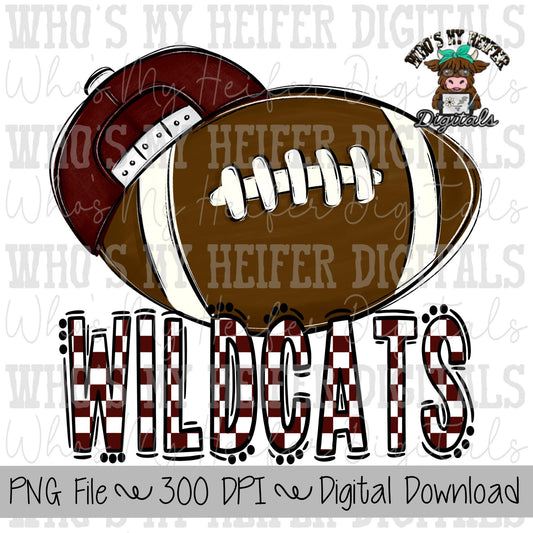 Maroon & White Wildcat PNG Hand Drawn Football with Hat Sublimation PNG Game Day Shirt Design School Spirit PNG Checkered Wildcat Doodle Art