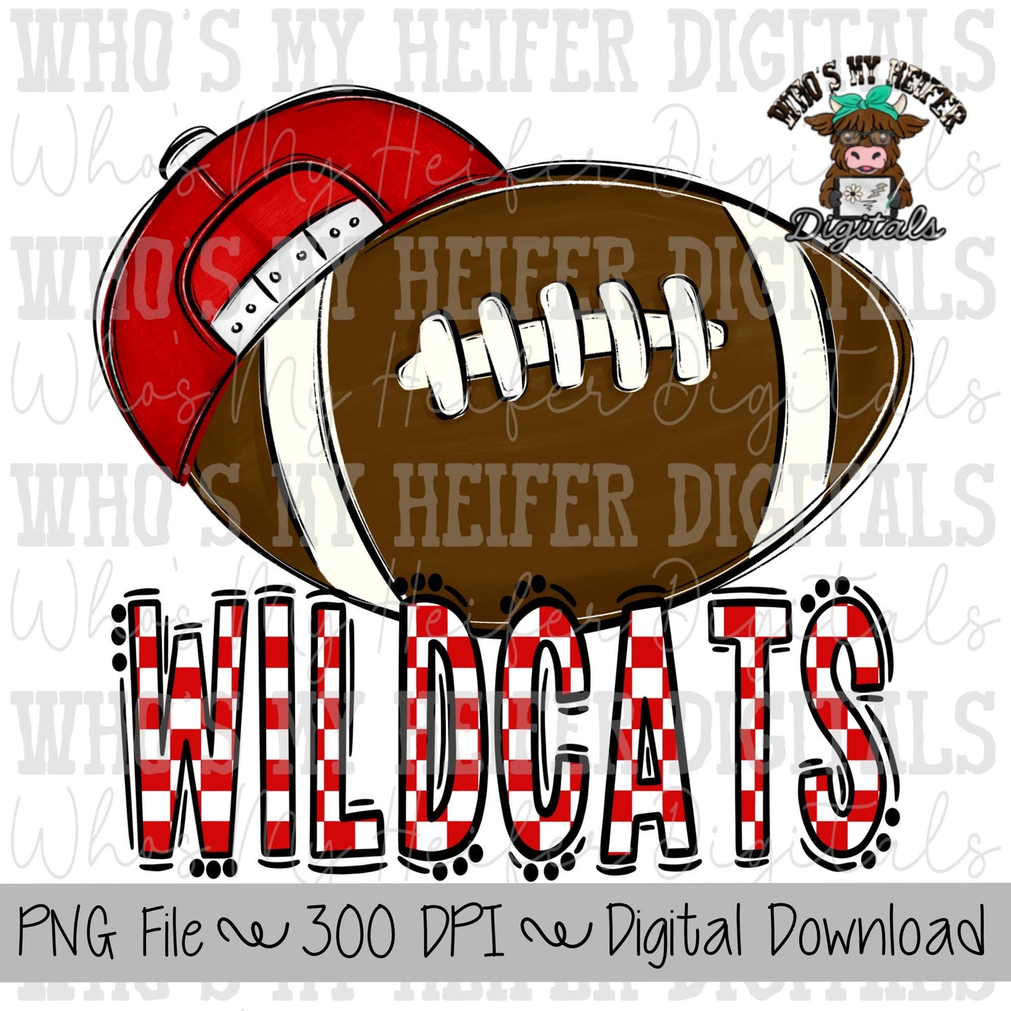 Red & White Wildcat PNG Hand Drawn Football with Hat Sublimation PNG Game Day Shirt Design School Spirit PNG Checkered Wildcat Doodle Art