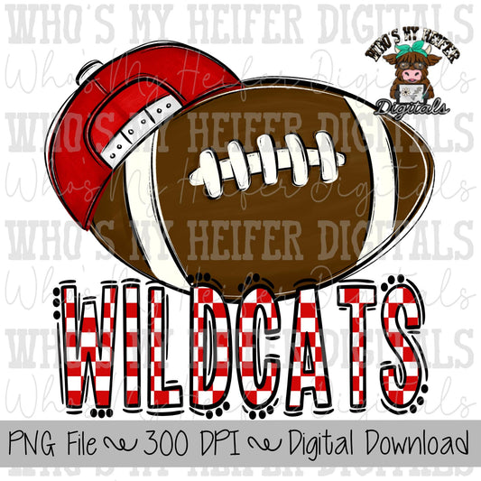 Red & White Wildcat PNG Hand Drawn Football with Hat Sublimation PNG Game Day Shirt Design School Spirit PNG Checkered Wildcat Doodle Art