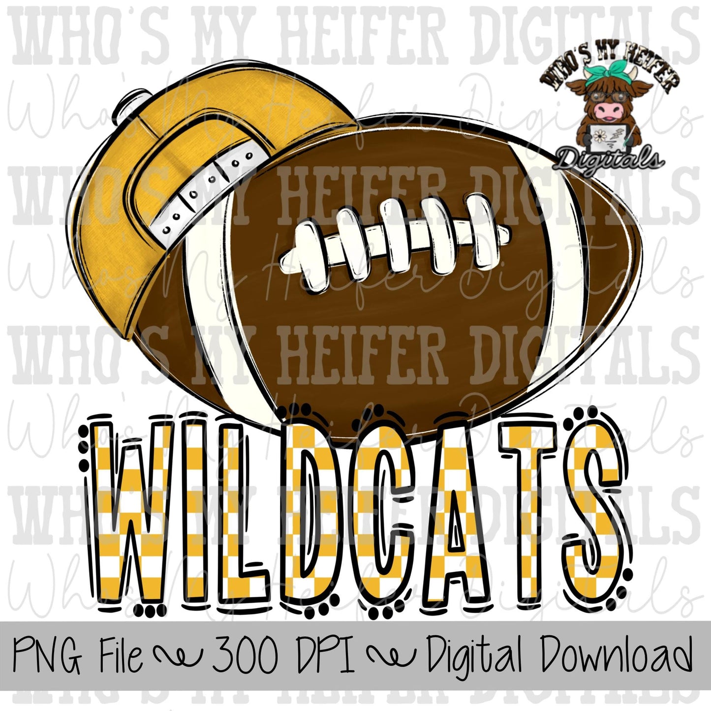 Yellow & White Wildcat PNG Hand Drawn Football with Hat Sublimation PNG Game Day Shirt Design School Spirit PNG Checkered Wildcats Doodle