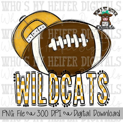 Yellow & White Wildcat PNG Hand Drawn Football with Hat Sublimation PNG Game Day Shirt Design School Spirit PNG Checkered Wildcats Doodle