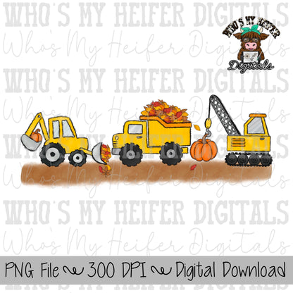 Fall Construction Truck Sublimation Design Hand Drawn Trucks with Pumpkin and Leaves PNG File Construction Shirt Designs Dump Truck Clipart