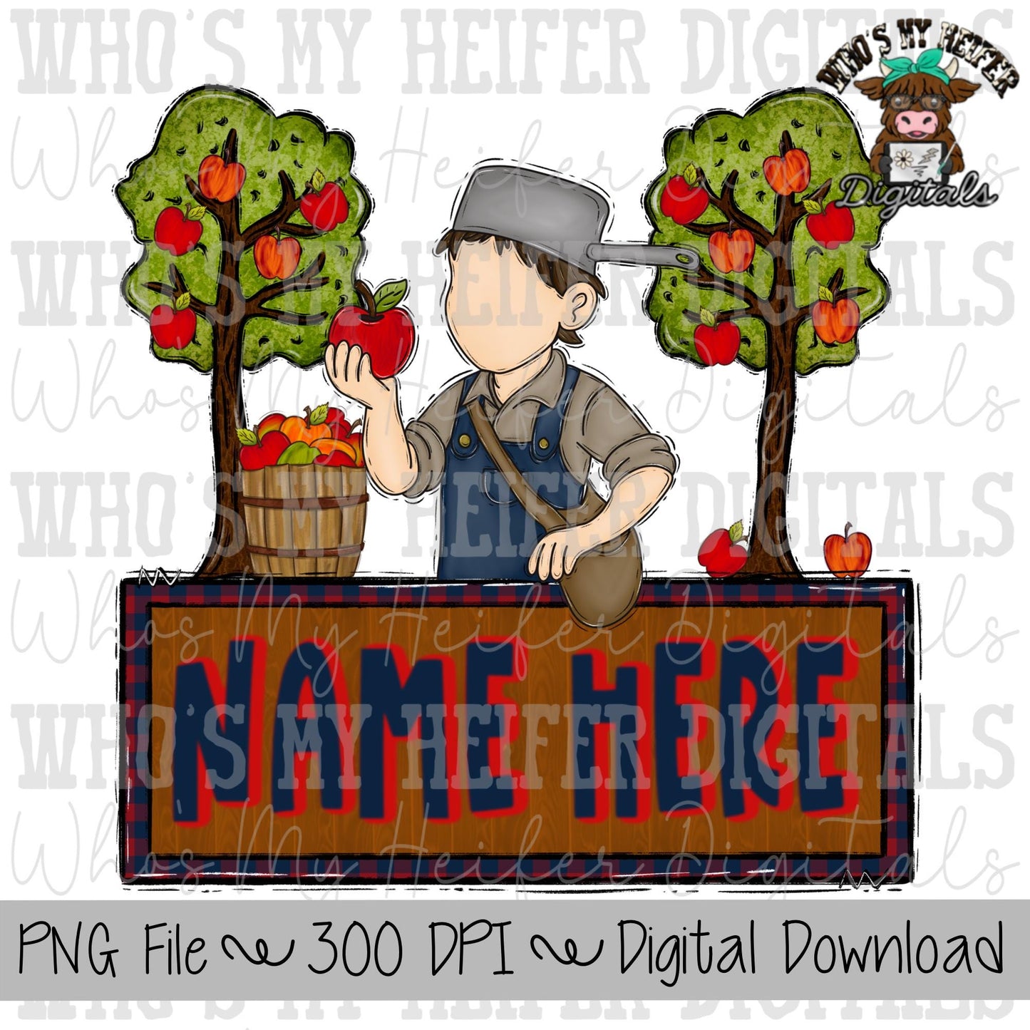 Boy Picking Apples From Apple Tree PNG Hand Drawn Boy Holding Apple with Name Block Sublimation PNG Kids Fall Shirt Designs Doodle Art