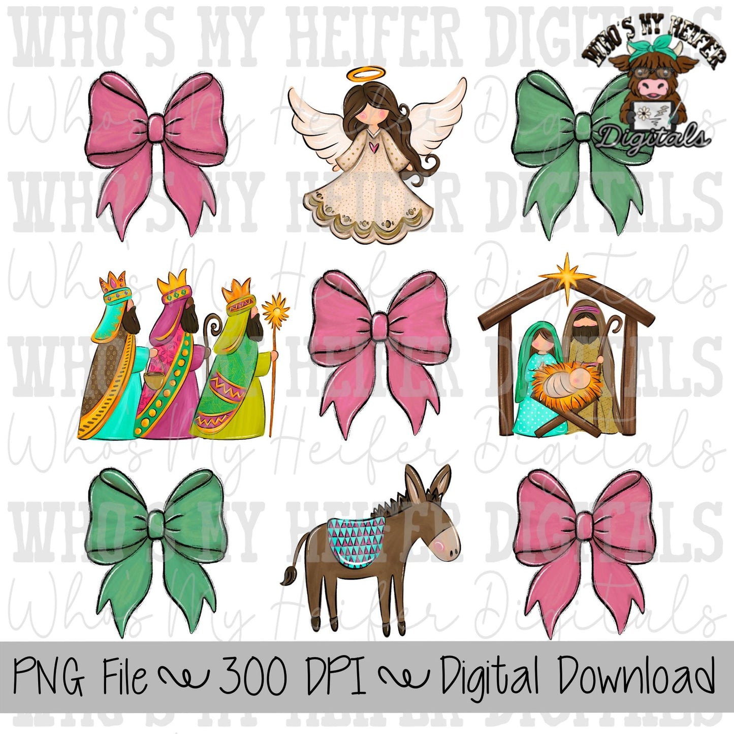 Coquette Christmas Bow Sublimation PNG Hand Drawn Nativity Scene with Bow PNG Girly Christmas Shirt Design True Christmas Story Doodle Art