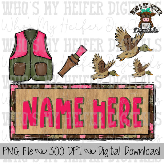 Duck Hunting Name Block Sublimation PNG Hand Drawn Hunters Vest & Duck Call PNG File Girl Hunting Shirt Design Kids Camouflage Doodle Art