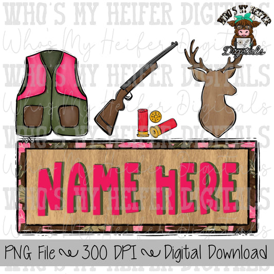 Deer Hunting Name Block Sublimation PNG Hand Drawn Hunters Vest & Buck PNG File Girl Hunting Shirt Design Kids Camouflage Doodle Art Buck