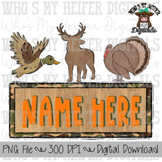 Hunting Animals Trio Name Block Sublimation PNG Hand Drawn Deer, Duck, & Turkey PNG Kids Hunting Shirt Design Child Camouflage Doodle Art
