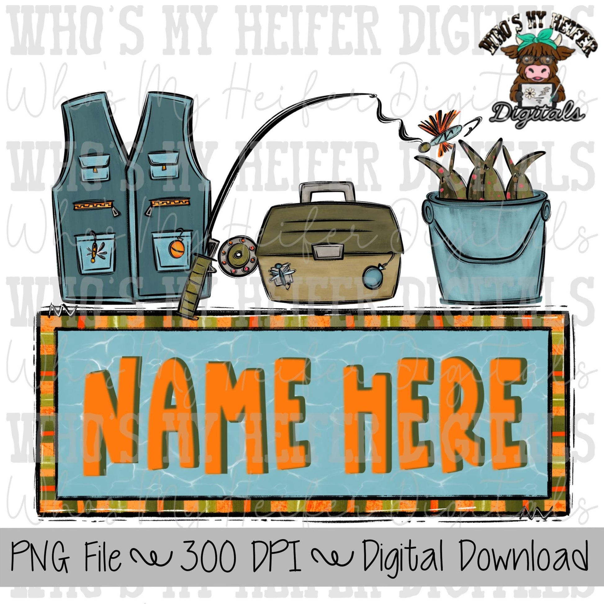 Fishing Trio Name Block Sublimation PNG Hand Drawn Vest, Tackle Box, & Fishing Pole PNG Boy Fishing Shirt Design Kids Fish Doodle Art
