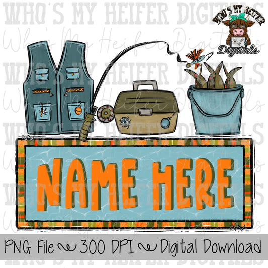 Fishing Trio Name Block Sublimation PNG Hand Drawn Vest, Tackle Box, & Fishing Pole PNG Boy Fishing Shirt Design Kids Fish Doodle Art