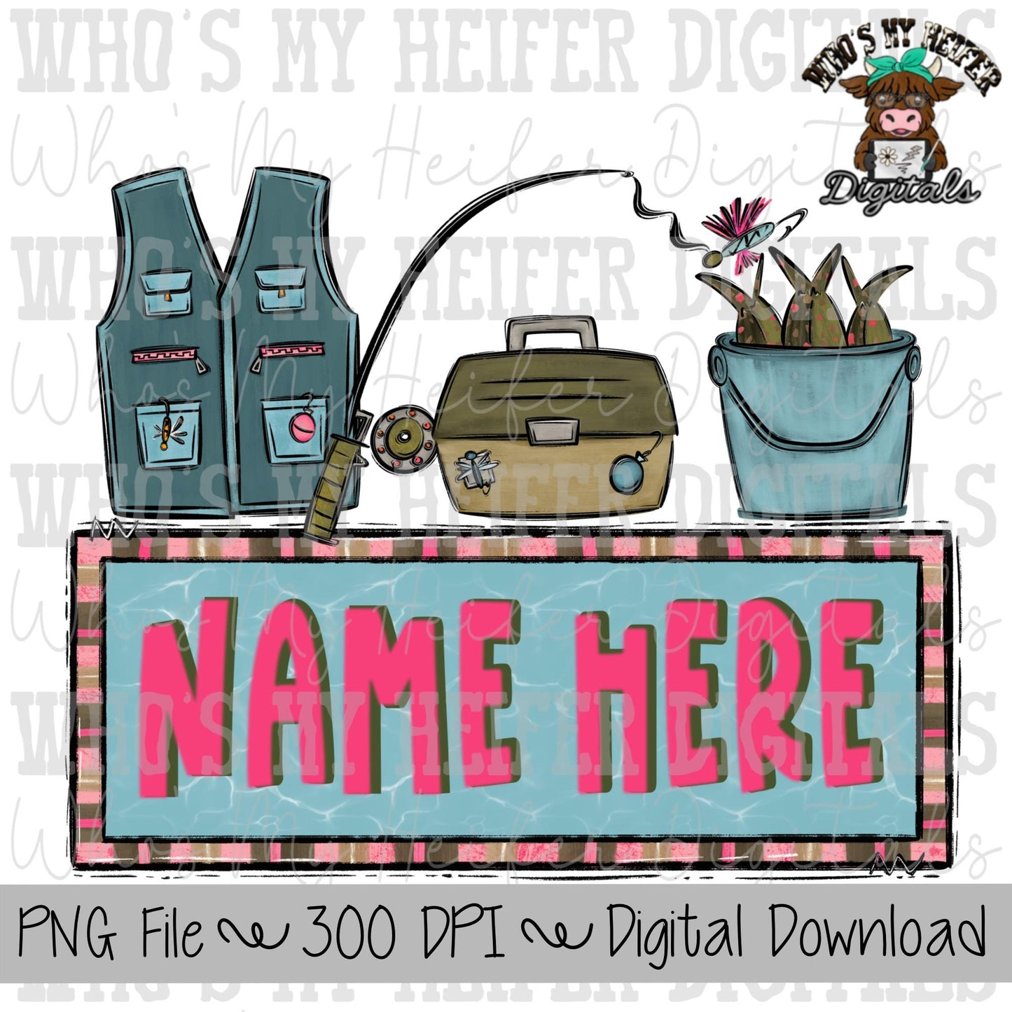Fishing Trio Name Block Sublimation PNG Hand Drawn Vest, Tackle Box, & Fishing Pole PNG Girl Fishing Shirt Design Kids Fish Doodle Art