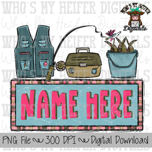 Fishing Trio Name Block Sublimation PNG Hand Drawn Vest, Tackle Box, & Fishing Pole PNG Girl Fishing Shirt Design Kids Fish Doodle Art