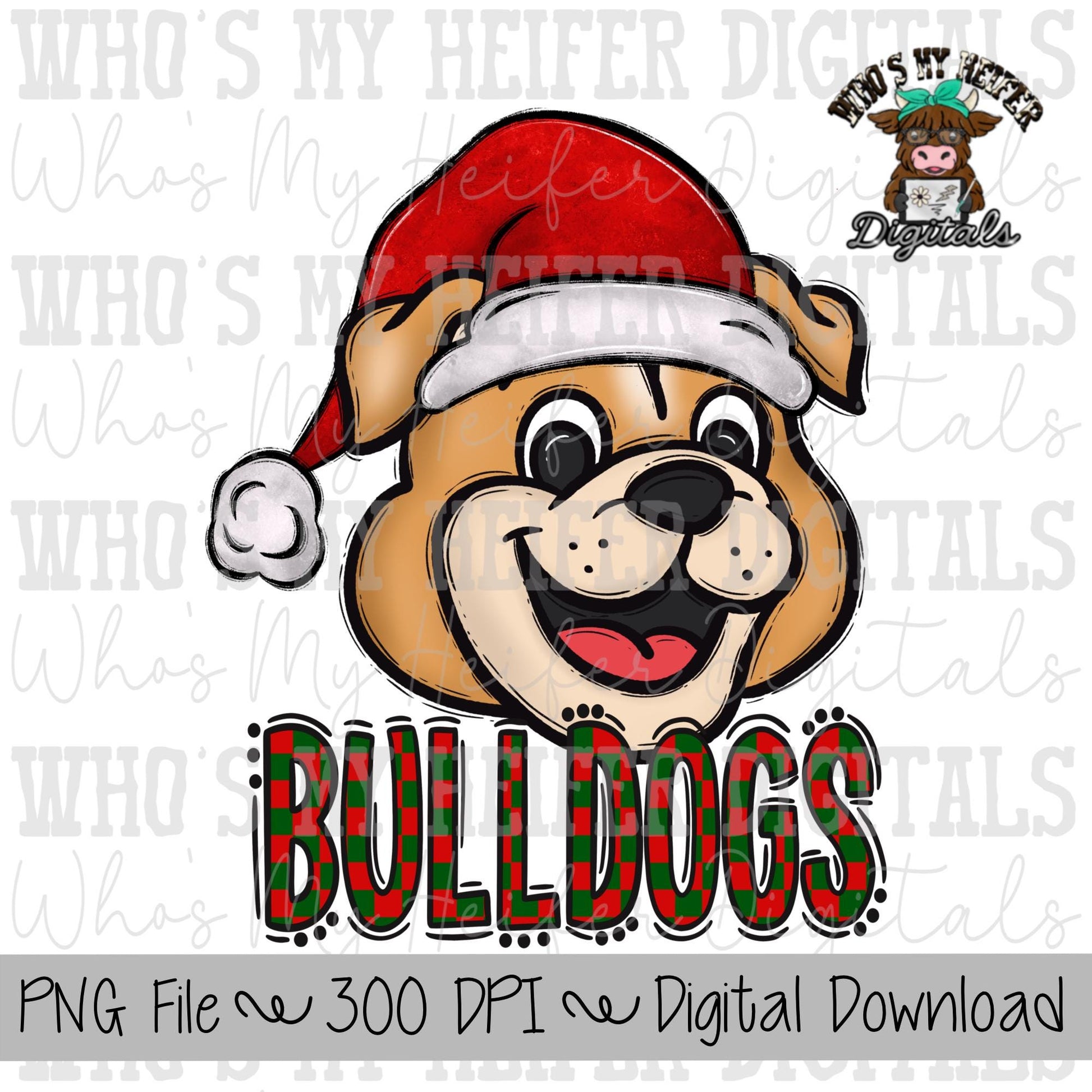 Red & Green Bulldogs PNG Hand Drawn Bulldog with Santa Hat Sublimation PNG Game Day Shirt Design School Spirit PNG Checkered Bulldog Doodle