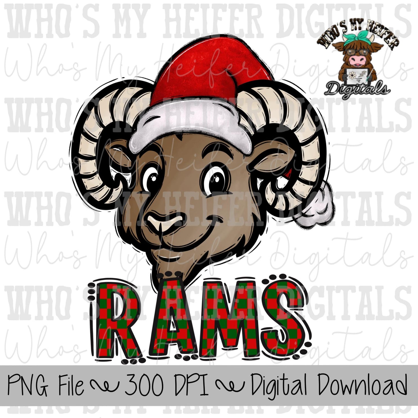 Red & Green Rams PNG Hand Drawn Ram with Santa Hat Sublimation PNG Game Day Shirt Designs School Spirit PNG Checkered Rams Doodle Art