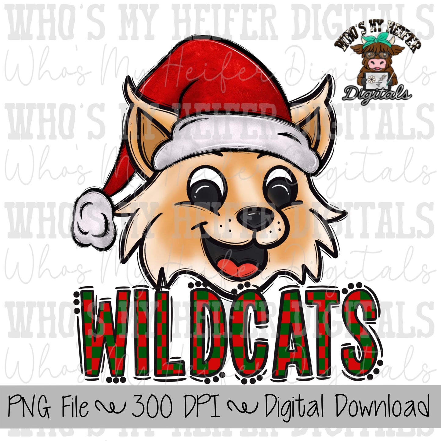 Red & Green Wildcat PNG Hand Drawn Wildcat with Santa Hat Sublimation PNG Game Day Shirt Designs School Spirit PNG Checkered Wildcats Doodle