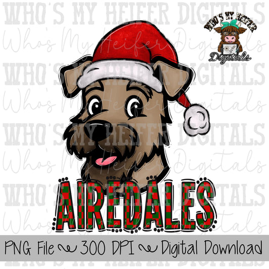 Red & Green Airedale PNG Hand Drawn Airedale with Santa Hat Sublimation PNG Game Day Shirt Design School Spirit Checkered Airedale Doodle