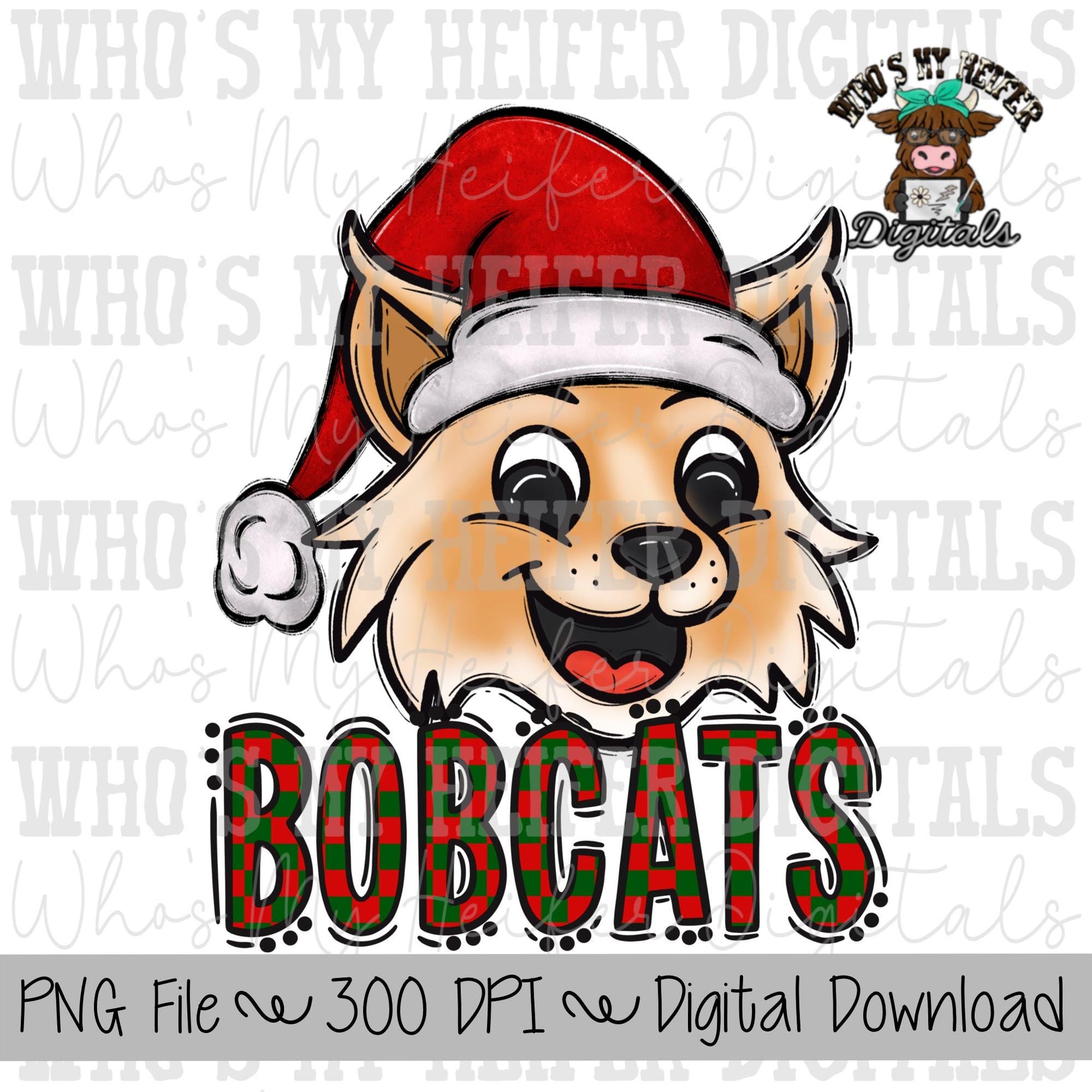 Red & Green Bobcats PNG Hand Drawn Bobcat with Santa Hat Sublimation PNG Game Day Shirt Design School Spirit Checkered Bobcat Kid Mascot