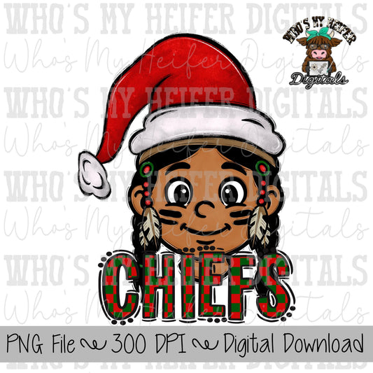 Red & Green Chiefs PNG Hand Drawn Chief with Santa Hat Sublimation PNG Game Day Shirt Design School Spirit Checkered Chiefs Kid Mascot