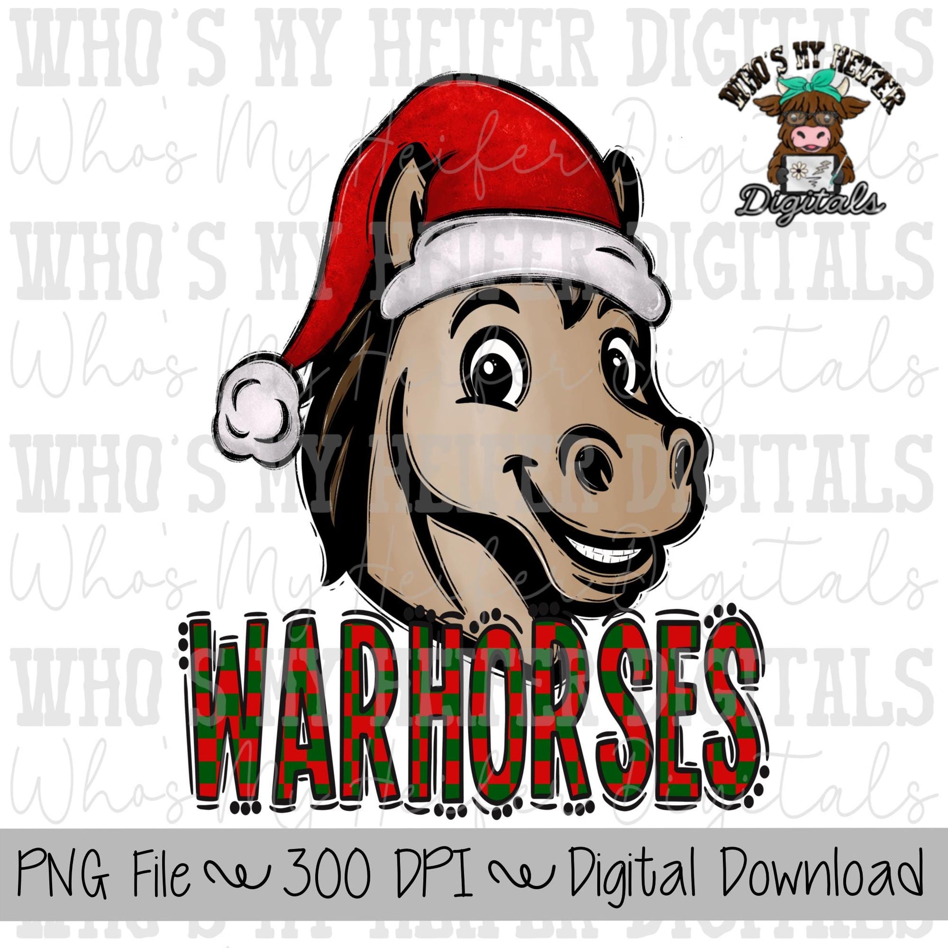 Red & Green Warhorses PNG Hand Drawn Warhorse with Santa Hat Sublimation PNG Game Day Shirt Design School Spirit Checkered Warhorse Doodle
