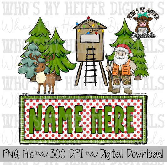 Hunting Santa with Name Block Sublimation PNG Hand Drawn Santa Claus in Camo PNG Kids Christmas Shirt Design Christmas Hunting Doodle Art