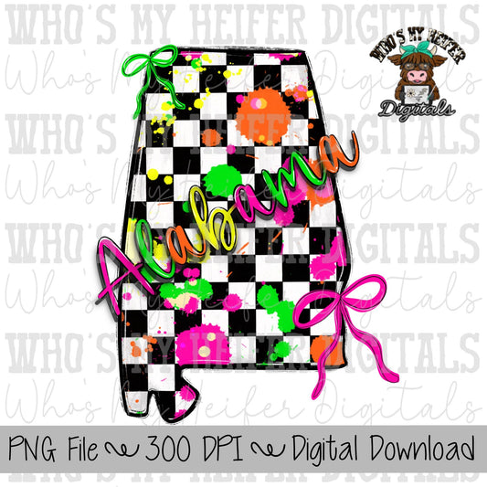 Checkered State of Alabama PNG Hand Drawn Alabama with Bow Sublimation PNG Retro 90's Shirt Design Bright Colors Paint Splatter Doodle Art