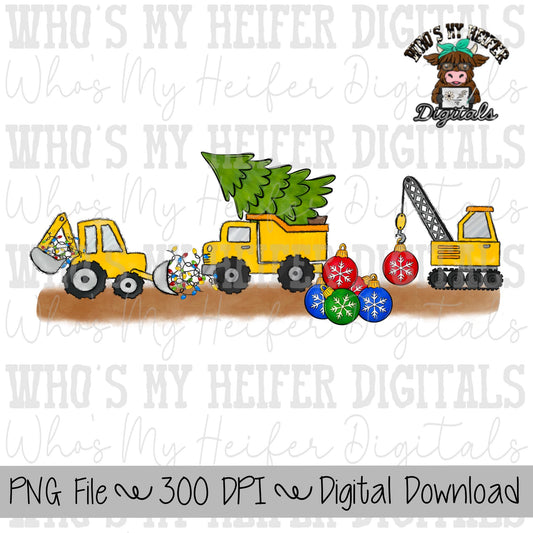 Christmas Construction Truck Sublimation Design Hand Drawn Trucks with Tree and Ornament PNG Construction Shirt Designs Dump Truck Clipart