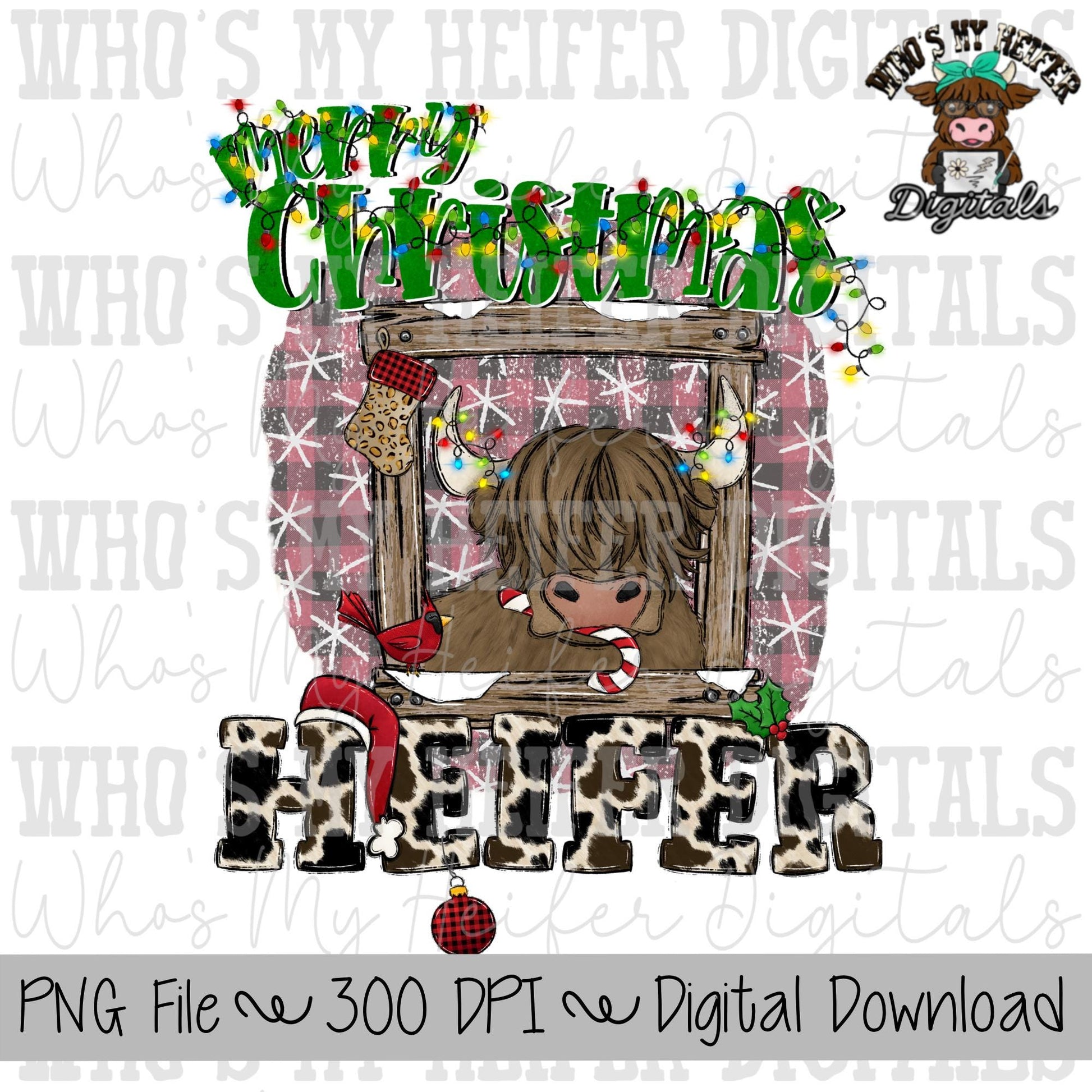 Funny Christmas Sublimation PNG Hand Drawn Highland Cow PNG Womens Shirt Design Merry Christmas Heifer Digital Download Christmas Lights