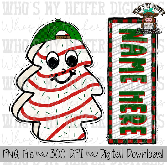 Boy Christmas Tree Cake Name Block Sublimation PNG Hand Drawn Christmas Tree Cake with Hat PNG Kids Christmas Shirt Design Doodle Art