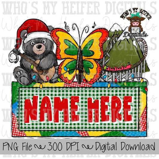 Smoky Mountain Christmas with Name Plate PNG File Hand Drawn Butterfly, Bear, & Mountain Coaster Sublimation Pigeon Forge Christmas Vacation
