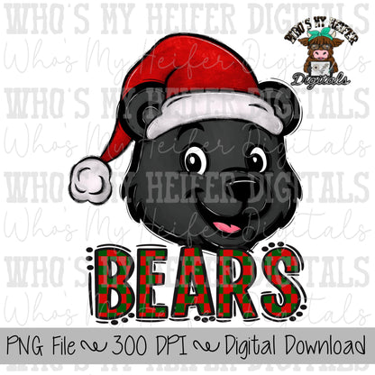 Red & Green Bears PNG Hand Drawn Bear with Santa Hat Sublimation PNG Game Day Shirt Design School Spirit PNG Checkered Bear Digital Download