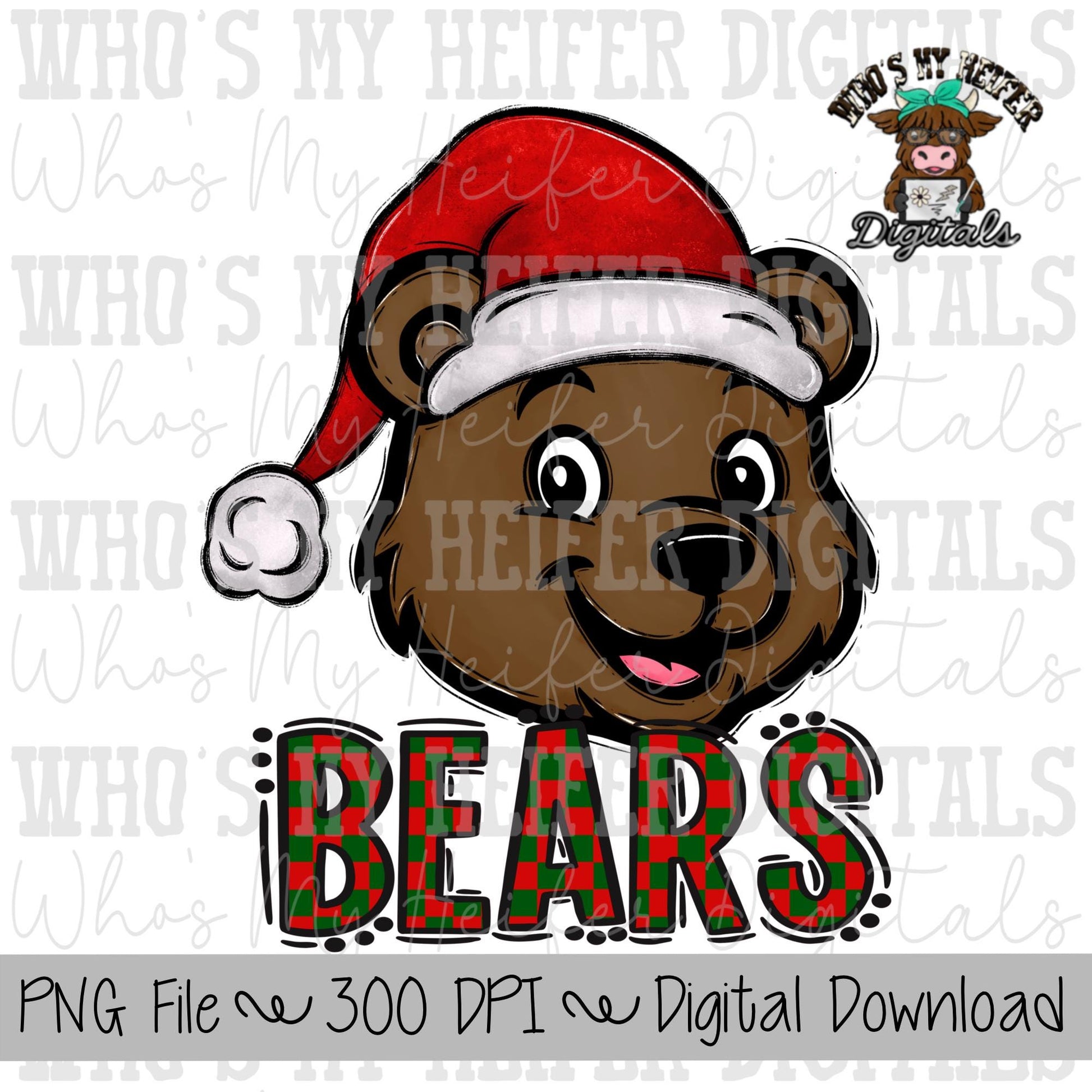 Red & Green Bears PNG Hand Drawn Bear with Santa Hat Sublimation PNG Game Day Shirt Design School Spirit PNG Checkered Bear Digital Download