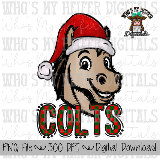 Red & Green Colts PNG Hand Drawn Colt with Santa Hat Sublimation PNG Game Day Shirt Designs School Spirit PNG Checkered Colt Doodle Art