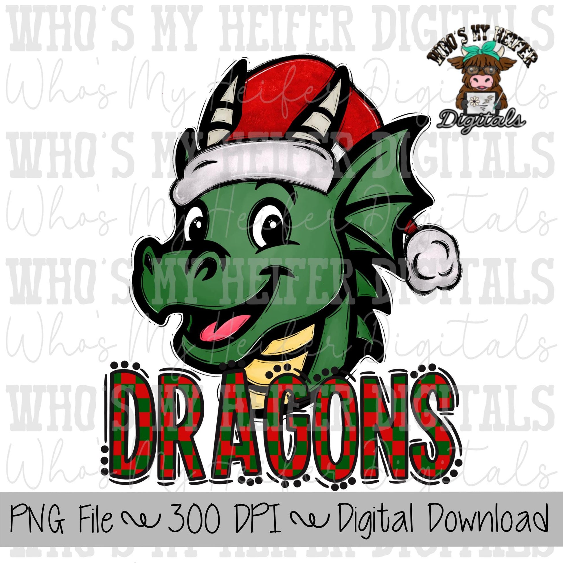 Red & Green Dragons PNG Hand Drawn Dragon with Santa Hat Sublimation PNG Game Day Shirt Design School Spirit PNG Checkered Dragon Doodle Art