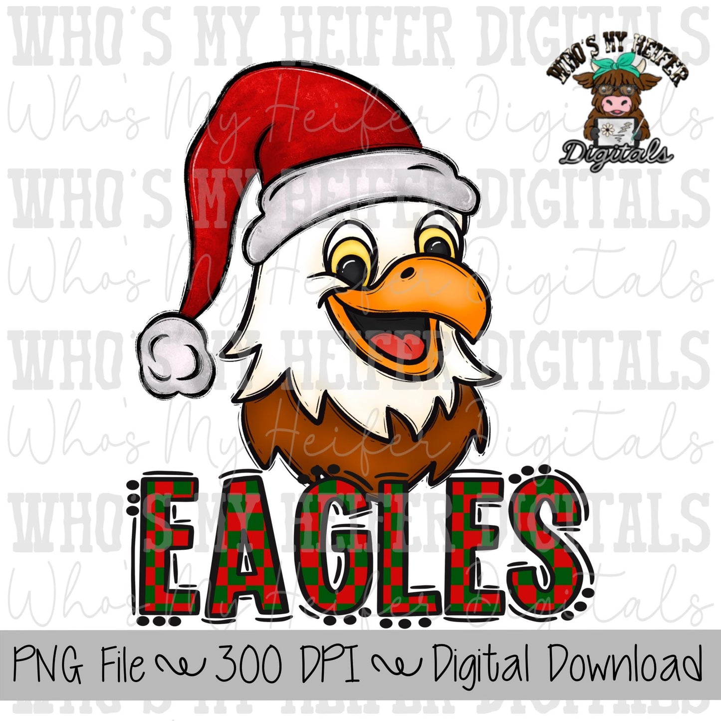 Red & Green Eagles PNG Hand Drawn Eagle with Santa Hat Sublimation PNG Game Day Shirt Design School Spirit PNG Checkered Eagle Doodle Art
