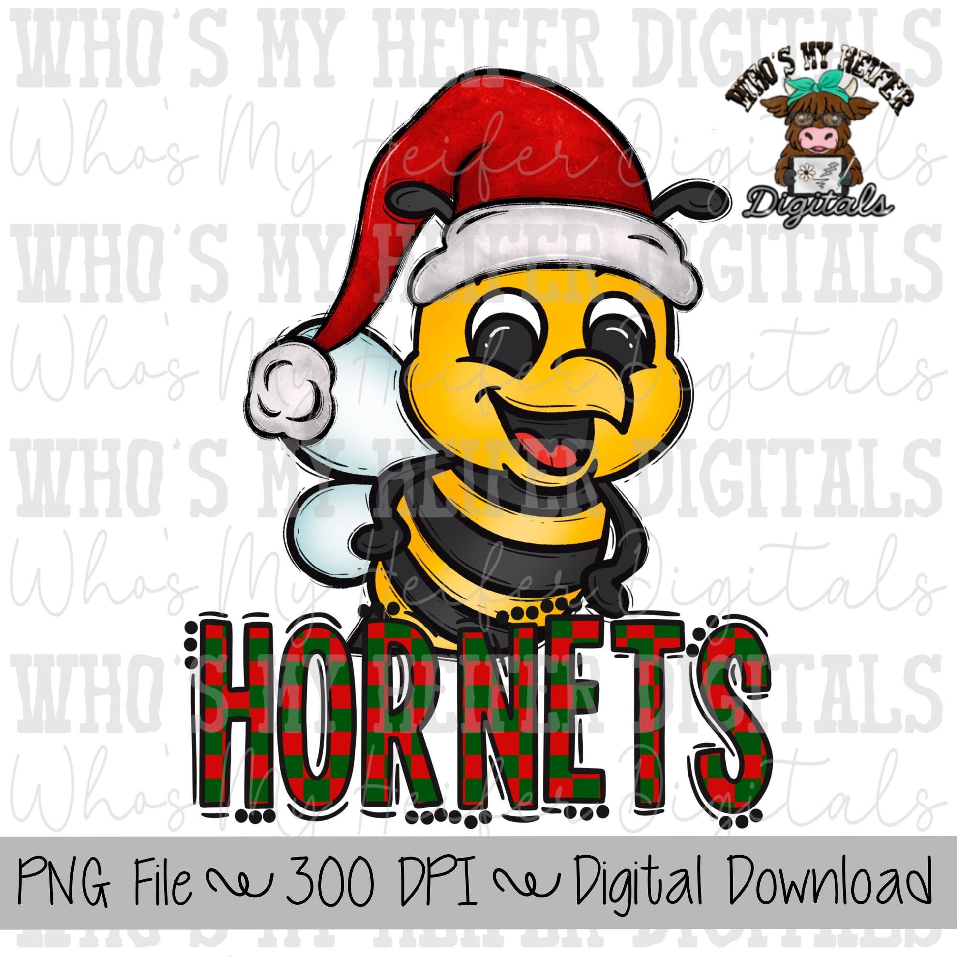 Red & Green Hornet PNG Hand Drawn Hornet with Santa Hat Sublimation PNG Game Day Shirt Design School Spirit PNG Checkered Hornets Doodle Art