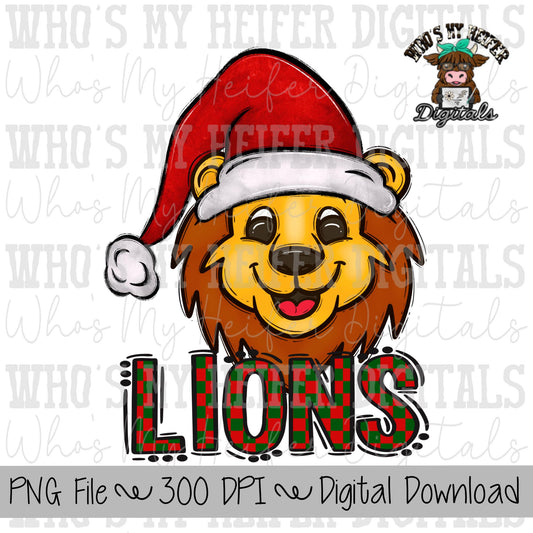 Red & Green Lions PNG Hand Drawn Lions with Santa Hat Sublimation PNG Game Day Shirt Design School Spirit PNG Checkered Lion Doodle Art