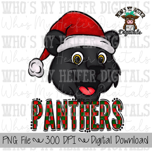 Red & Green Panthers PNG Hand Drawn Panther with Santa Hat Sublimation PNG Game Day Shirt Design School Spirit PNG Checkered Panther Doodle