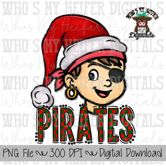 Red & Green Pirate PNG Hand Drawn Pirate with Santa Hat Sublimation PNG Game Day Shirt Design School Spirit PNG Checkered Pirate Kid Mascot