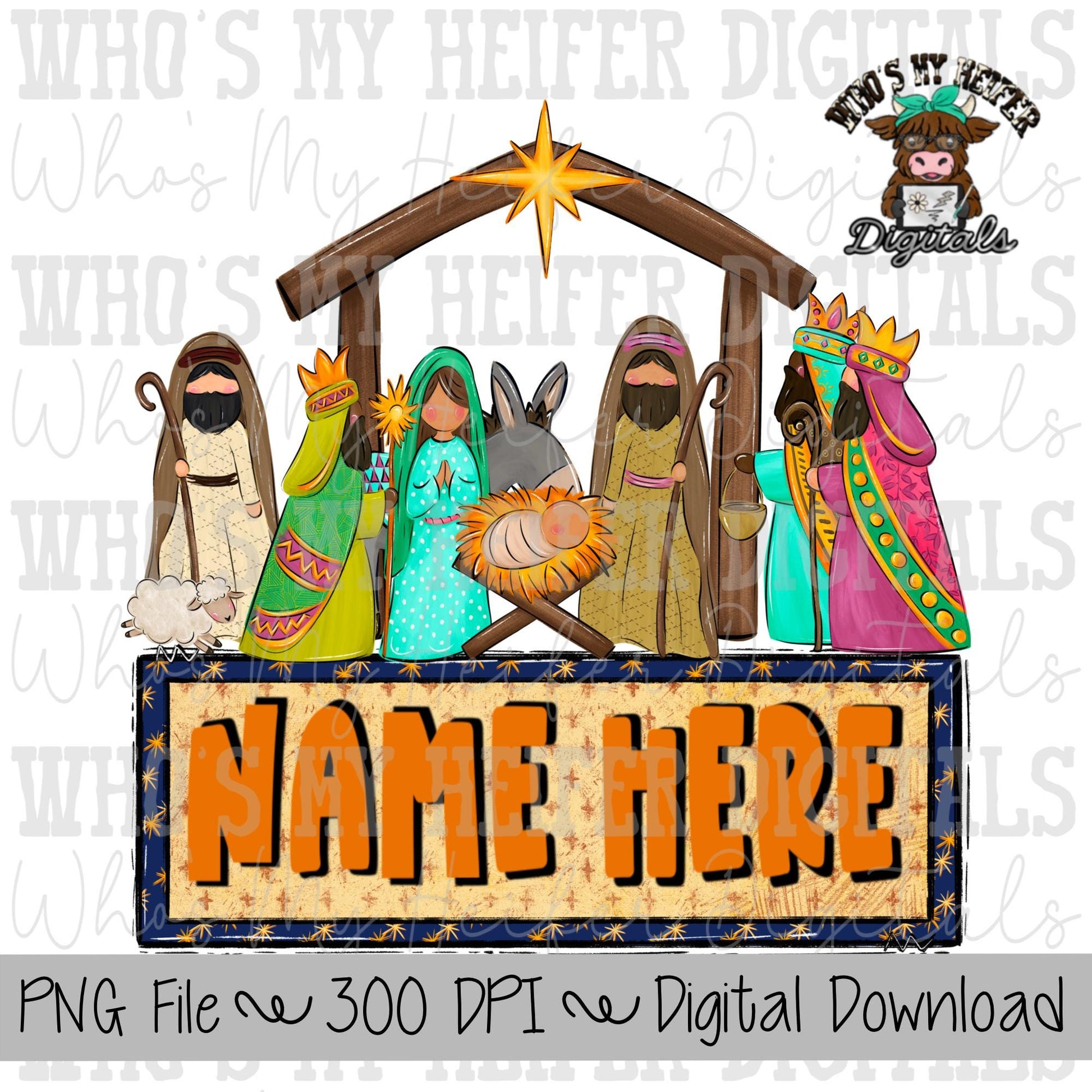 Nativity Scene with Name Block Sublimation PNG Hand Drawn Nativity PNG Kids Christmas Shirt Design Manger Doodle Art Religious Christmas