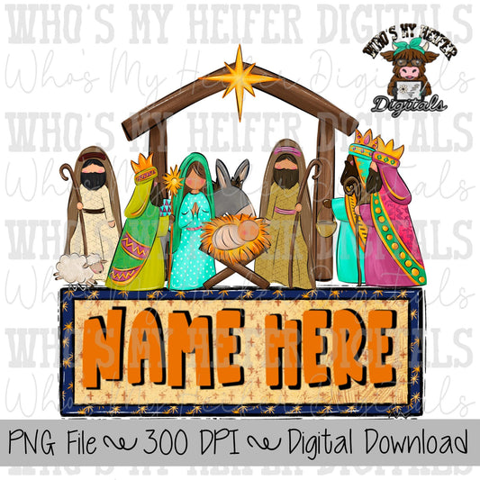 Nativity Scene with Name Block Sublimation PNG Hand Drawn Nativity PNG Kids Christmas Shirt Design Manger Doodle Art Religious Christmas