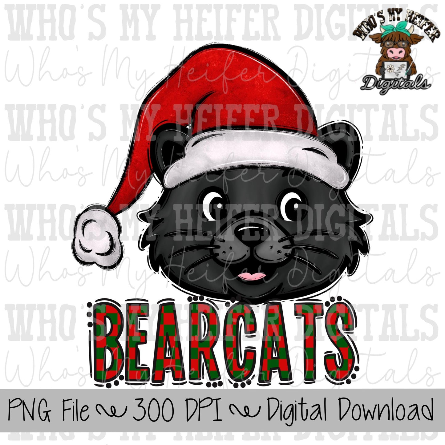 Red & Green Bearcats PNG Hand Drawn Bearcat with Santa Hat Sublimation PNG Game Day Shirt Design School Spirit Checkered Bearcats Doodle