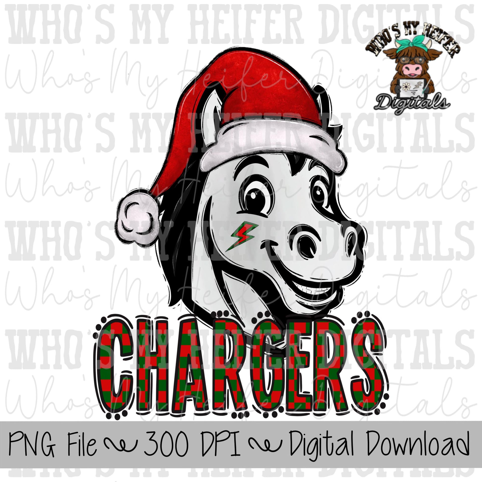 Red & Green Chargers PNG Hand Drawn Charger with Santa Hat Sublimation PNG Game Day Shirt Design School Spirit Checkered Charger Doodle
