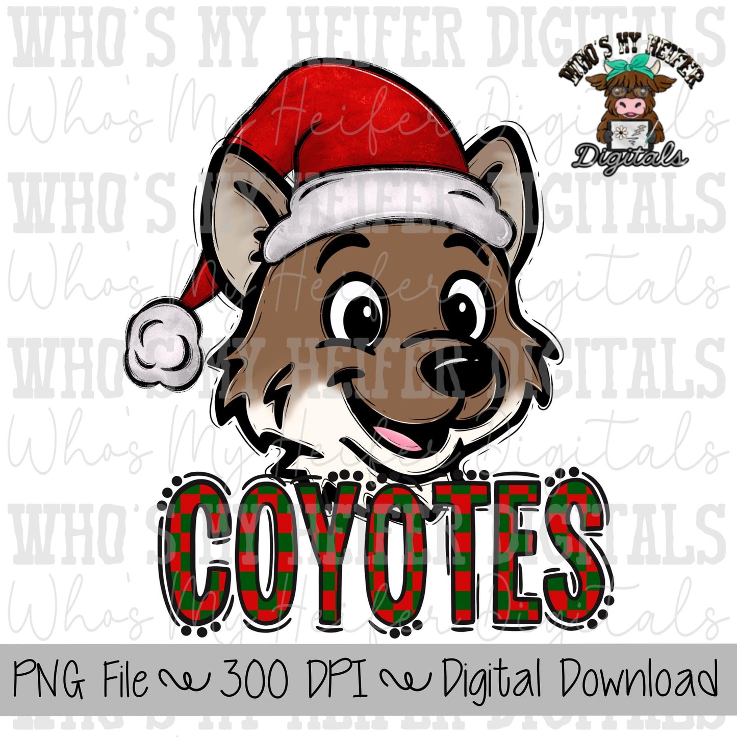 Red & Green Coyotes PNG Hand Drawn Coyote with Santa Hat Sublimation PNG Game Day Shirt Design School Spirit Checkered Coyote Doodle