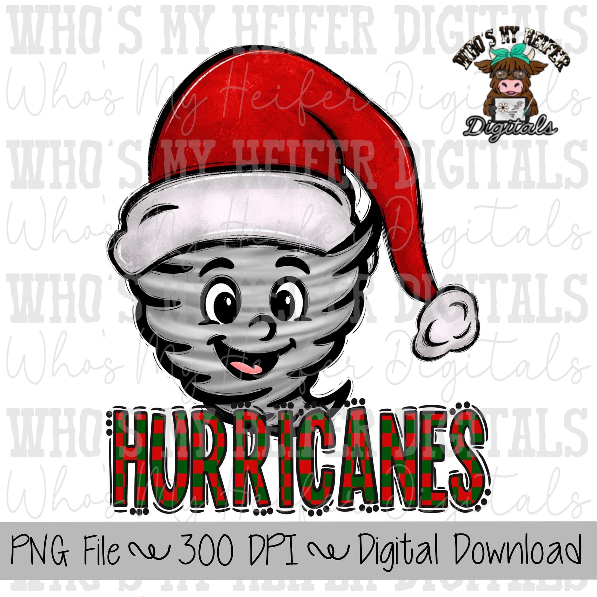 Red & Green Hurricanes PNG Hand Drawn Hurricane with Santa Hat Sublimation PNG Game Day Shirt Design School Spirit Checkered Hurricane Kid
