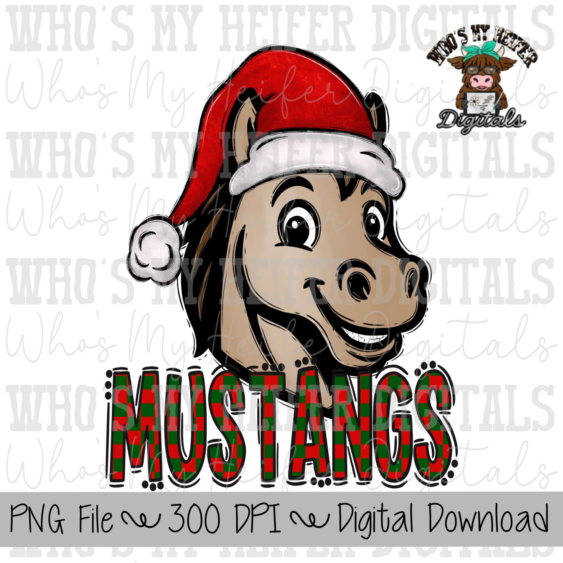 Red & Green Mustangs PNG Hand Drawn Mustang with Santa Hat Sublimation PNG Game Day Shirt Design School Spirit Checkered Mustang Kid Mascot