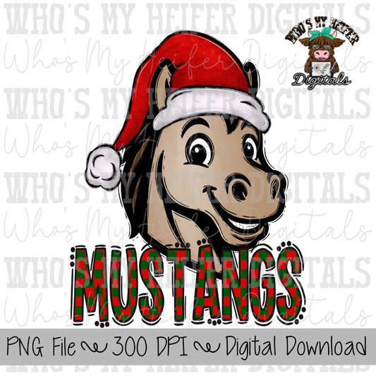 Red & Green Mustangs PNG Hand Drawn Mustang with Santa Hat Sublimation PNG Game Day Shirt Design School Spirit Checkered Mustang Kid Mascot