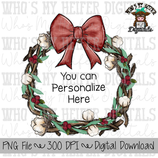 Christmas Wreath PNG Hand Drawn Wreath with Bow & Cotton Sublimation PNG Women's Kids Christmas Shirt Designs Girly Christmas Doodle Art