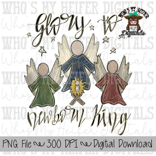 Glory to Newborn King Sublimation PNG Hand Drawn Angels PNG Christian Christmas Digital Download Womens & Kids Shirt Design Glitter